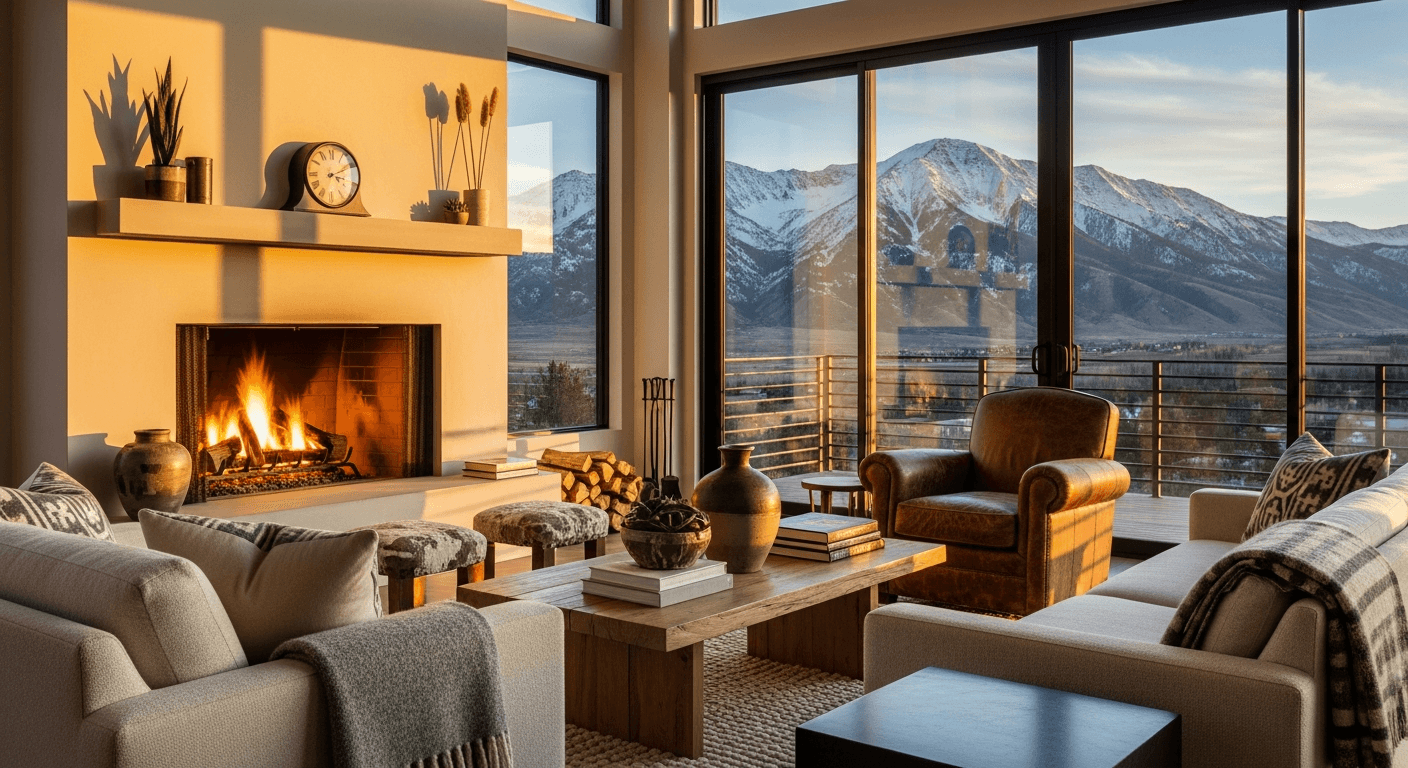 Luxury Sheridan retreat interior with fireplace and mountain views