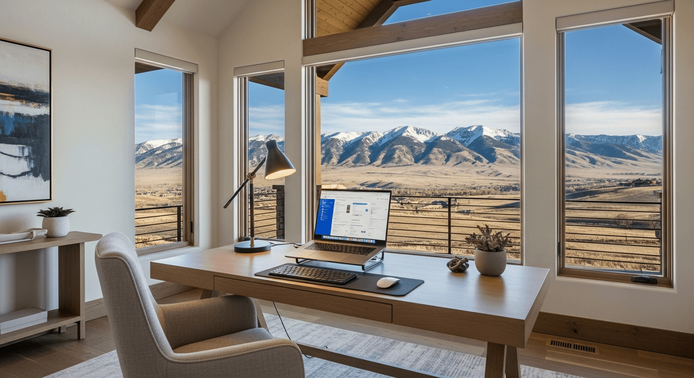 Luxury mountain remote work office with Bighorn Mountains view