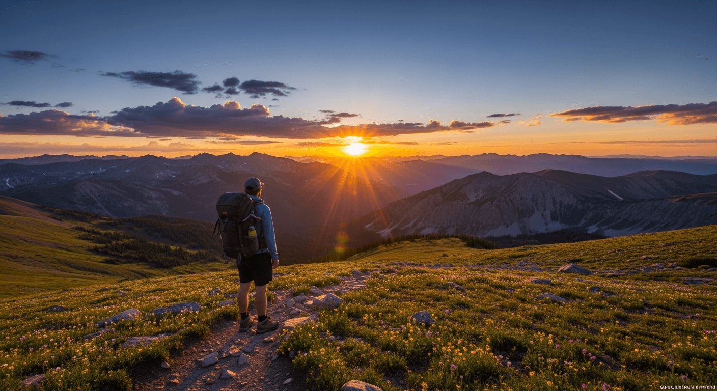 Bighorn Mountains landscape with hiker silhouette at sunset